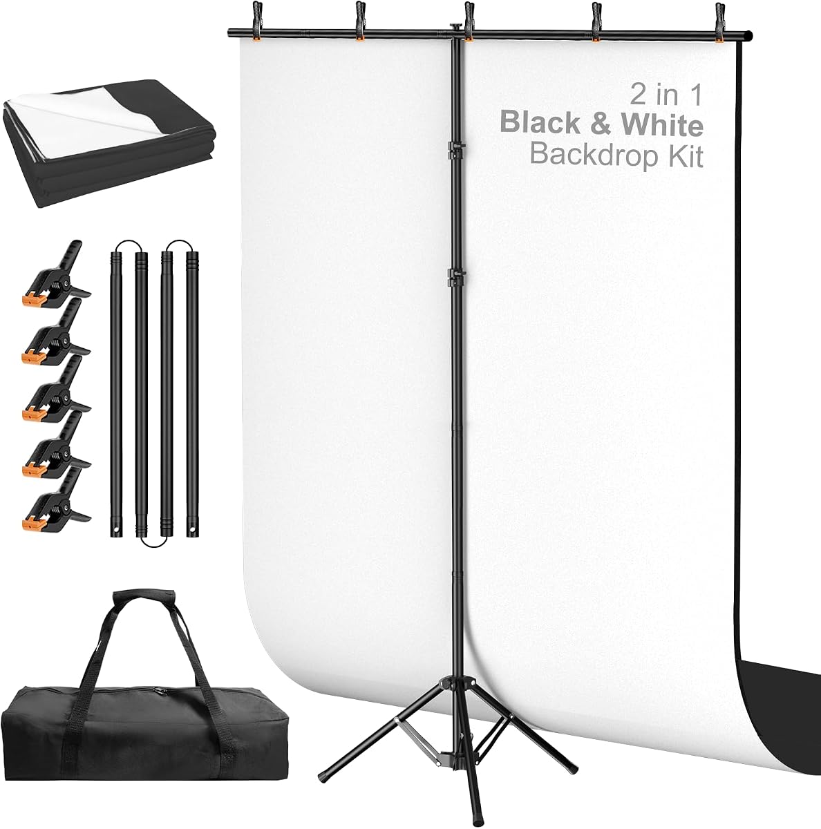 5x8ft Black and White 2in1 Revisible Photo Backdrop with Stand | White Black Backdrop Background with Portable T-Shape Stand, Carry Bag and 5 Clamps for Photography Video Meeting Streaming