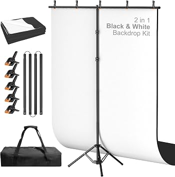 5x8ft Black & White Photo Backdrop with Stand, 2-in-1 Revisible Black White Background Screen with Portable T-Shape Stand,Carry Bag and 5 Clamps for Photography Video Meeting Streaming