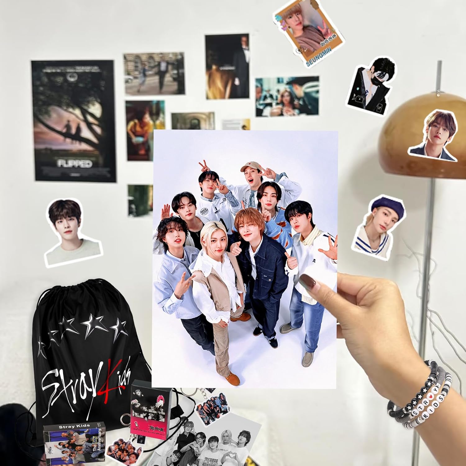 Stray Kids Gifts Set, Including 110 Photocards, 180 Stickers, 1 Drawstring Bag Backpack, 24 Lomo Cards, 3 Design Bracelet, 2 Adhesive Posters, 2 Lanyards, 2 Pins and Keychain SKZ's Fans Merchandise - Image 5