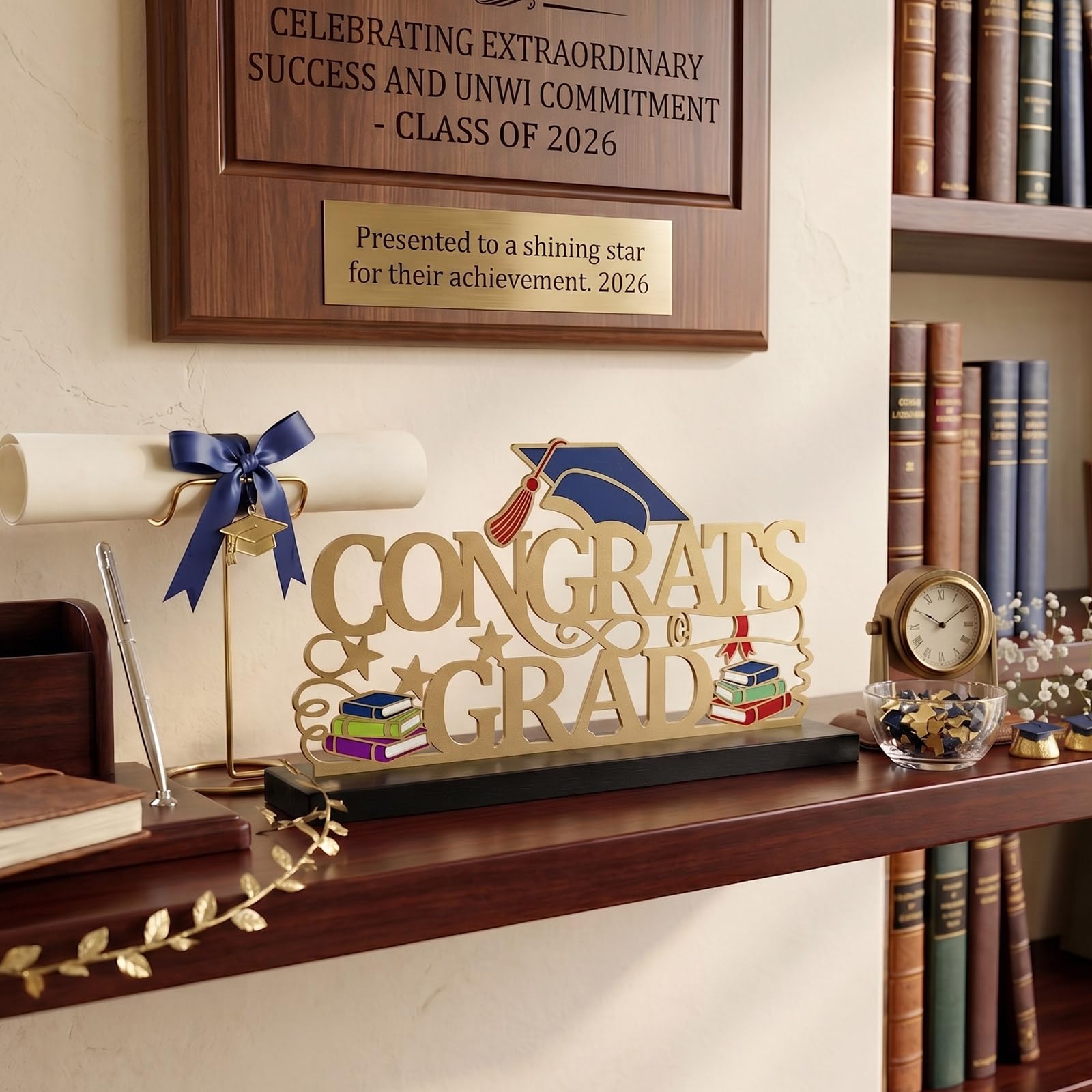 Metal Congrats Grad Sign Base in legno, 30 x 16,5 cm oro 2026 decorazioni per tavolo di laurea, centrotavola per feste al chiuso, mensola per laurea, foto, scrivania, scuola, università