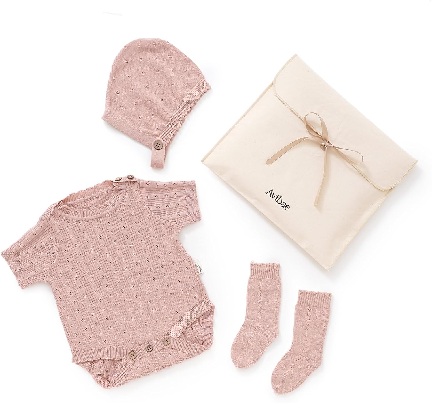 Avibae Cotton Baby Set with Knitted Short Sleeve Sweater, Hat, Socks, 3-Piece, for Newborns