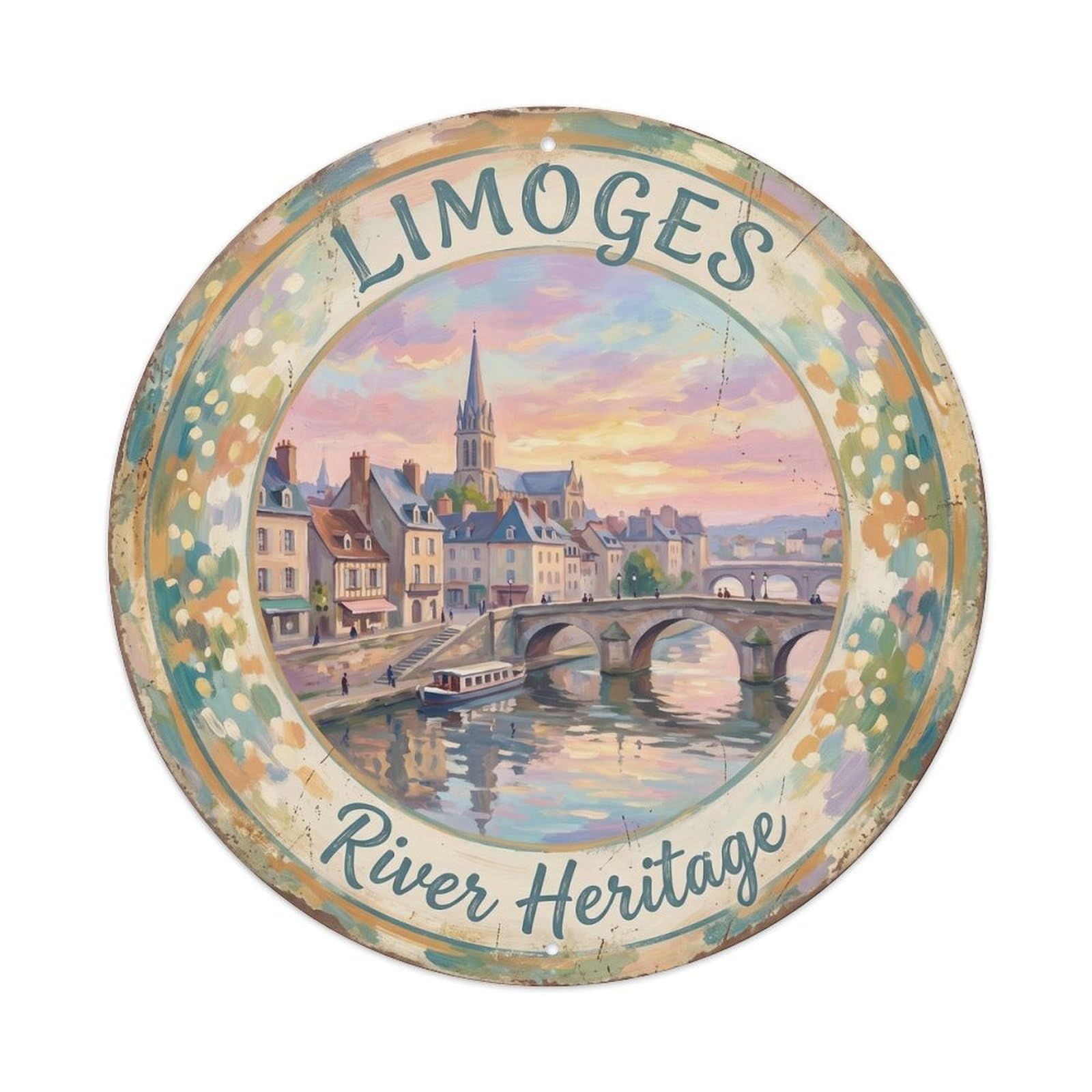 Vintage Travel Limoges France Oldtown Metal Tin Sign Plaque Wall Decor for Cafe, Club, Garden Round Metal Poster 8x8Inch
