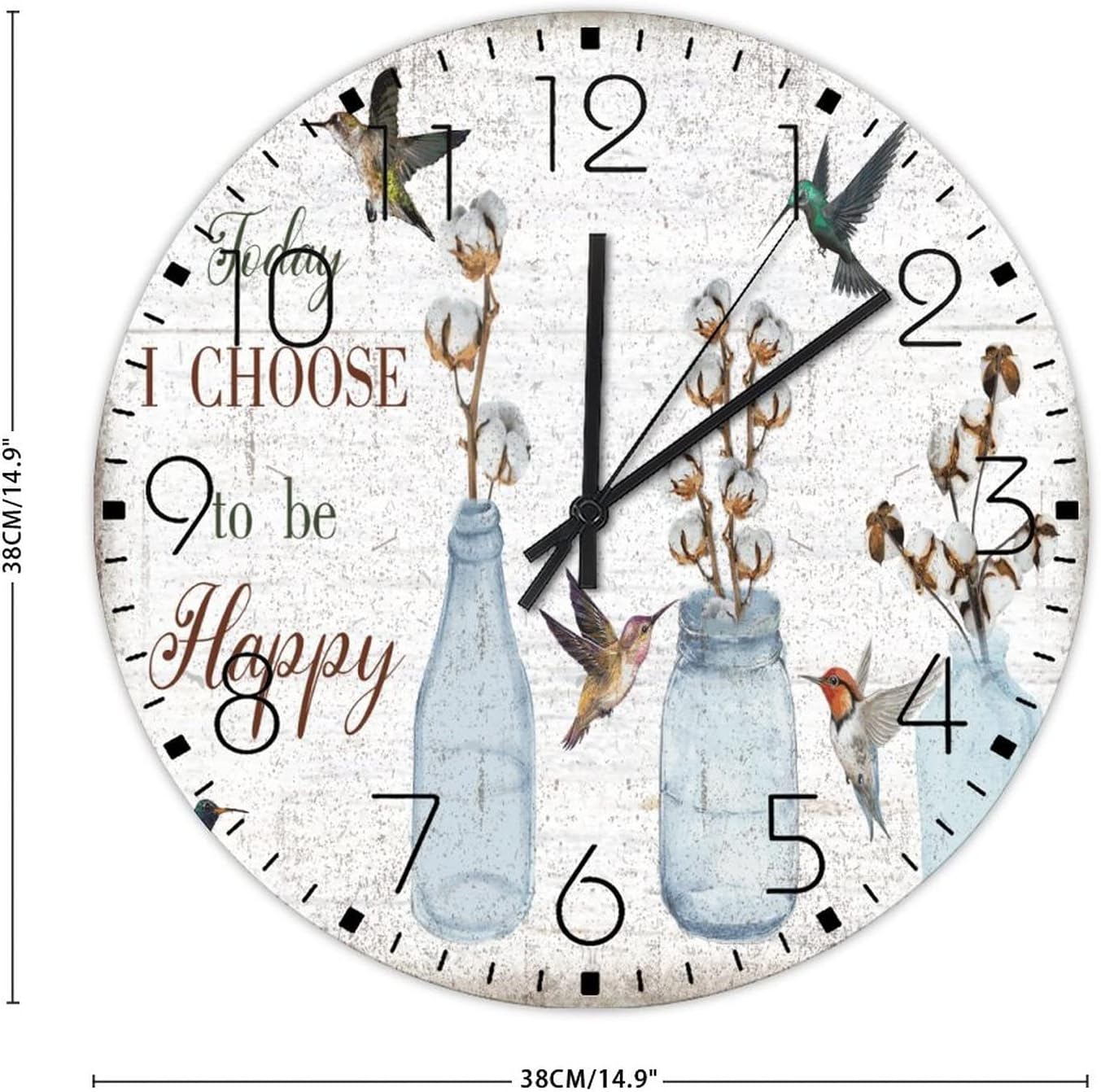 15" Wood Wall Clock Today I Choose Be Happy Wooden Wall Decor for Classroom Custom Sprigs White Cotton Blooms Floral Wall Clocks Silent Non-Ticking Wooden Wall Clock Country for Porch Washroom