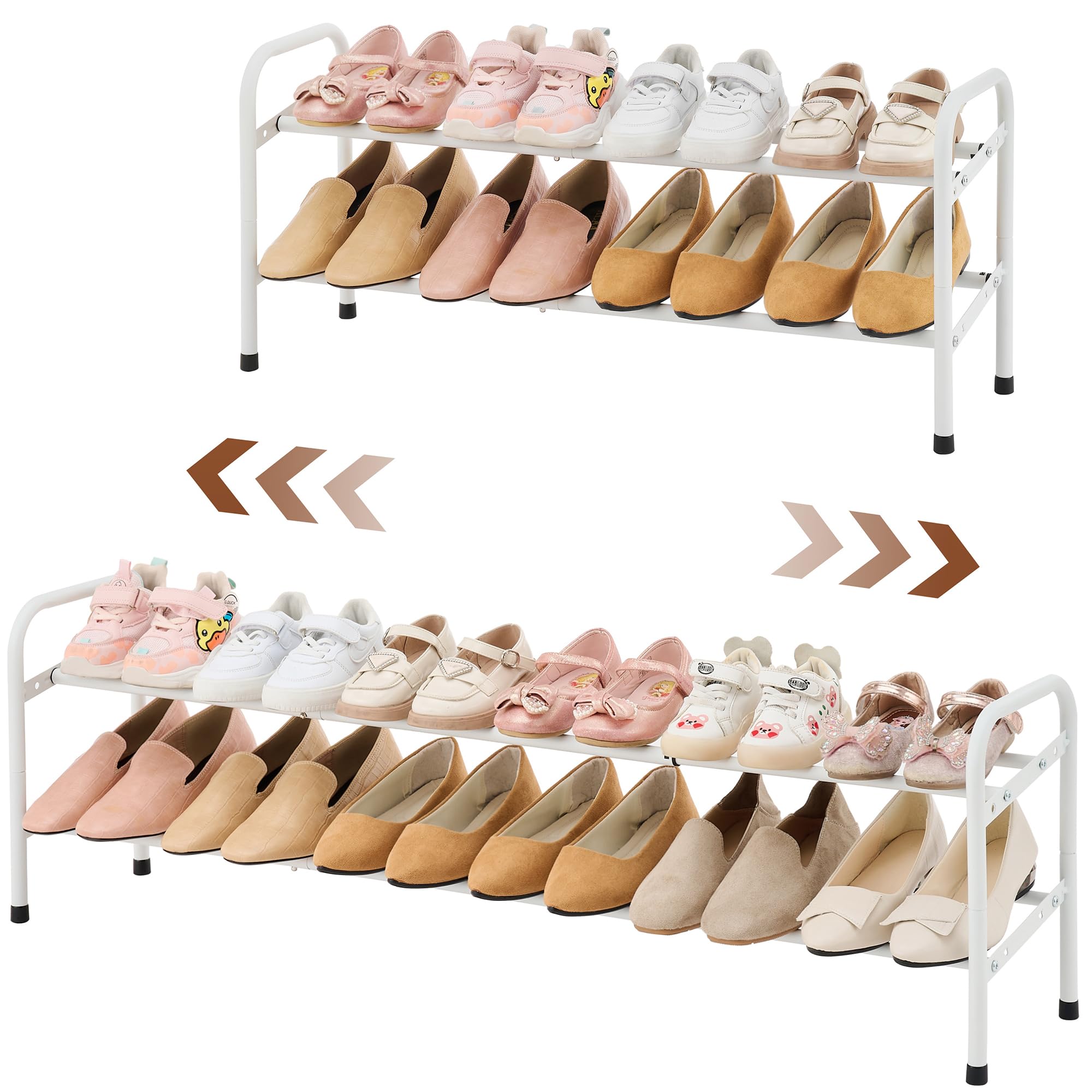 2-Tier Shoe Rack Expandable, Width Adjustable Shoe Shelf Storage Organizer, 41.53'' Metal Standing Shoe Rack for Bedroom Entryway Closet, Holds up to 12 Pairs Shoes, White