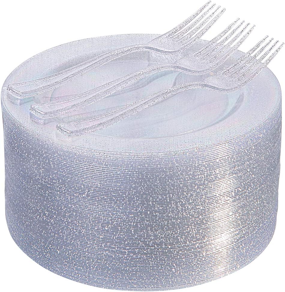I00000 144Pcs Silver Glitter Dessert Plates Set, Includes 72Pcs Plastic Dessert Plates 7.5",72Pcs Silver Forks 7.4", Plastic Salad Plates for Birthday, Wedding & Party