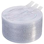 I00000 144Pcs Silver Glitter Dessert Plates Set, Includes 72Pcs Plastic Dessert Plates 7.5,72Pcs Silver Forks 7.4, Plastic Salad Plates for Thanksgiving