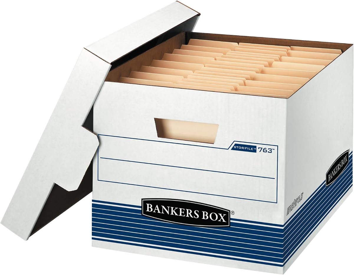 Bankers Box Paquete de 30 cajas de almacenamiento de archivos de servicio mediano, Carta/Oficio, FastFold | Acelere el archivado con la configuración FastFold, apilamiento resistente, asas reforzadas y protección confiable de documentos.