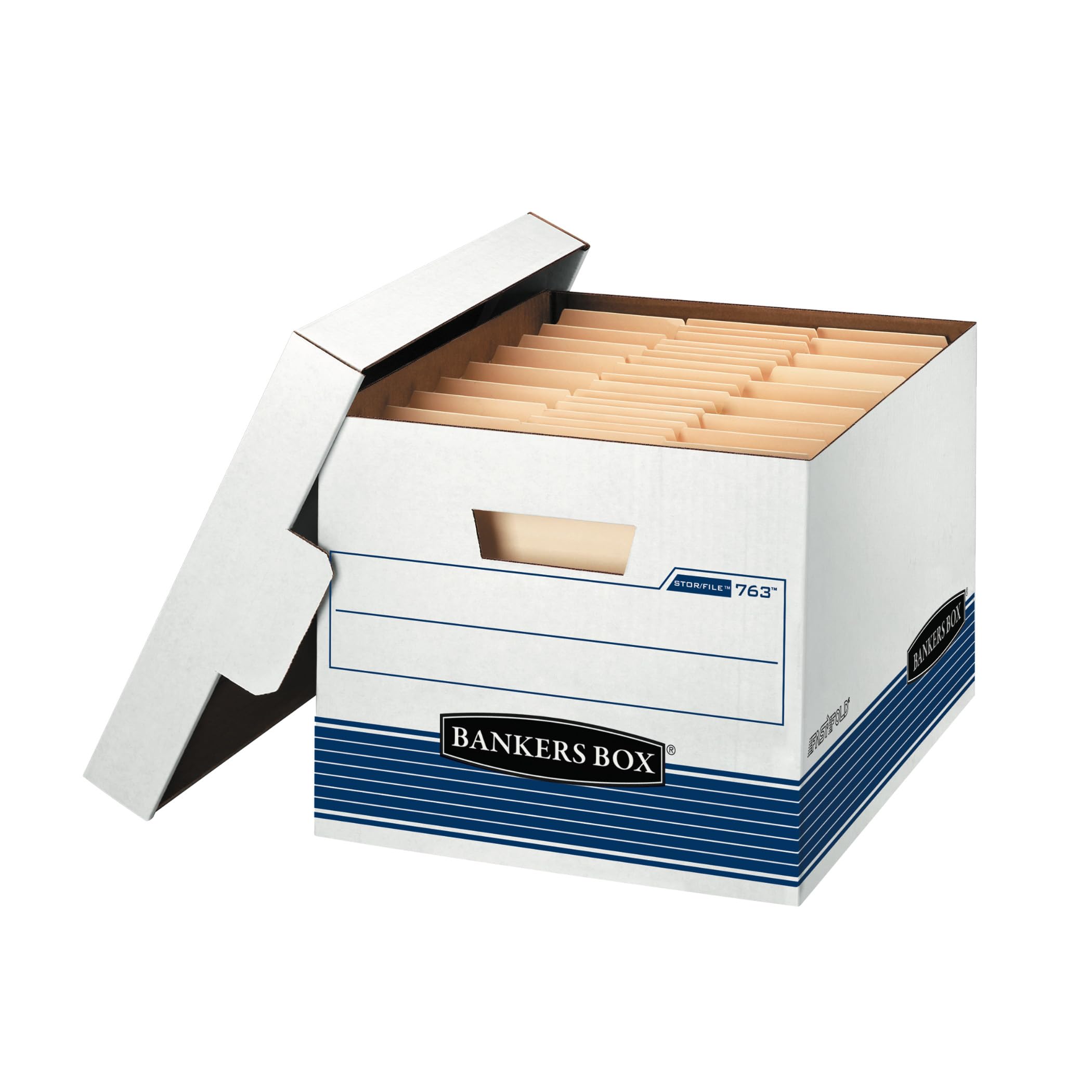 Bankers Box Stor/File Aufbewahrungsboxen, mittelgroß, FastFold, abziehbarer Deckel, Buchstaben/Legal, Weiß/Blau, 20 Stück