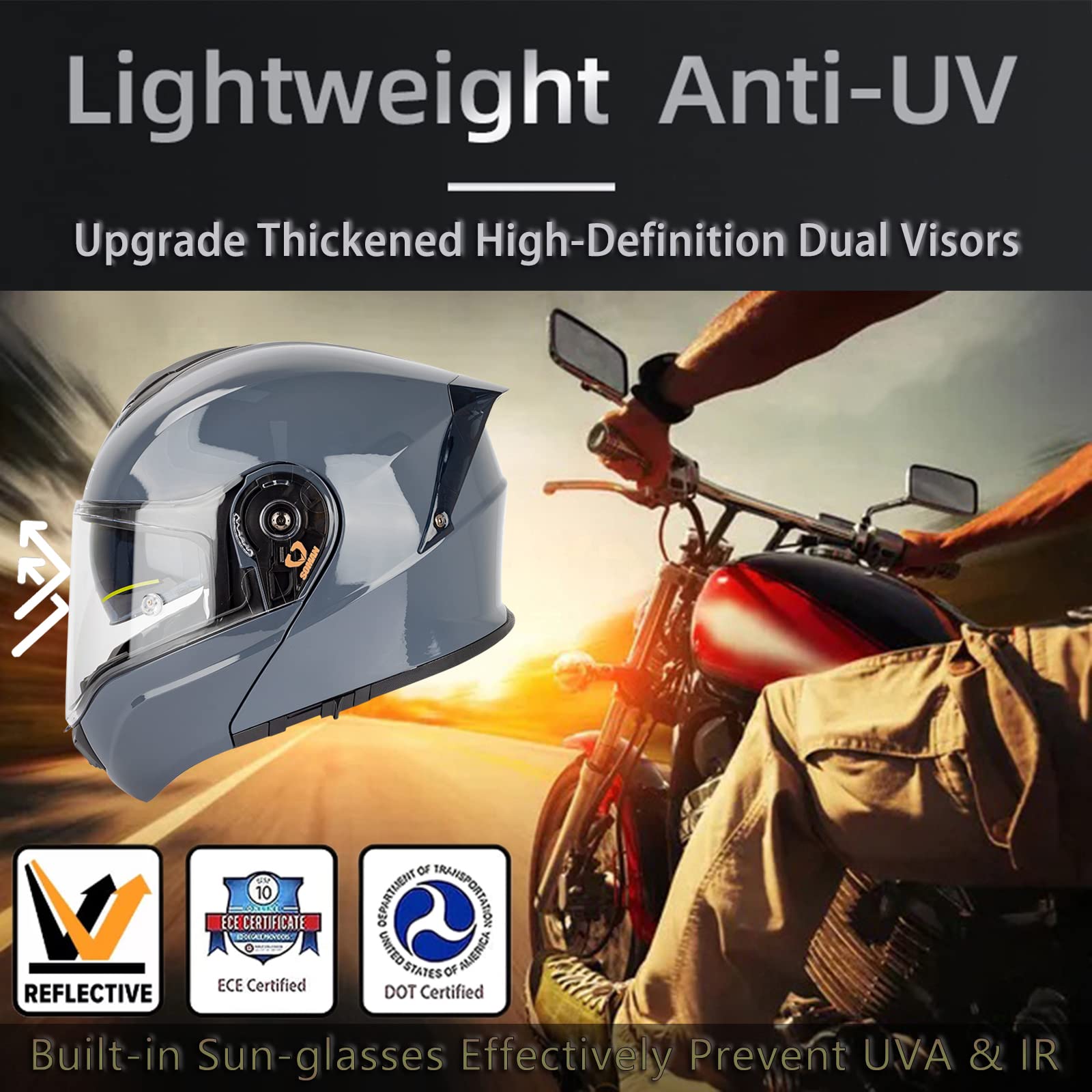 Motorradhelm Klapphelm Herren für Motorräder Integrierter Motorrad Helm Modularer Motorrad Helm mit Doppelvisier ECE-zugelassen Rollerhelm Sturzhelm Rennhelme für Damen und Herren,H-4XL(67~68cm)