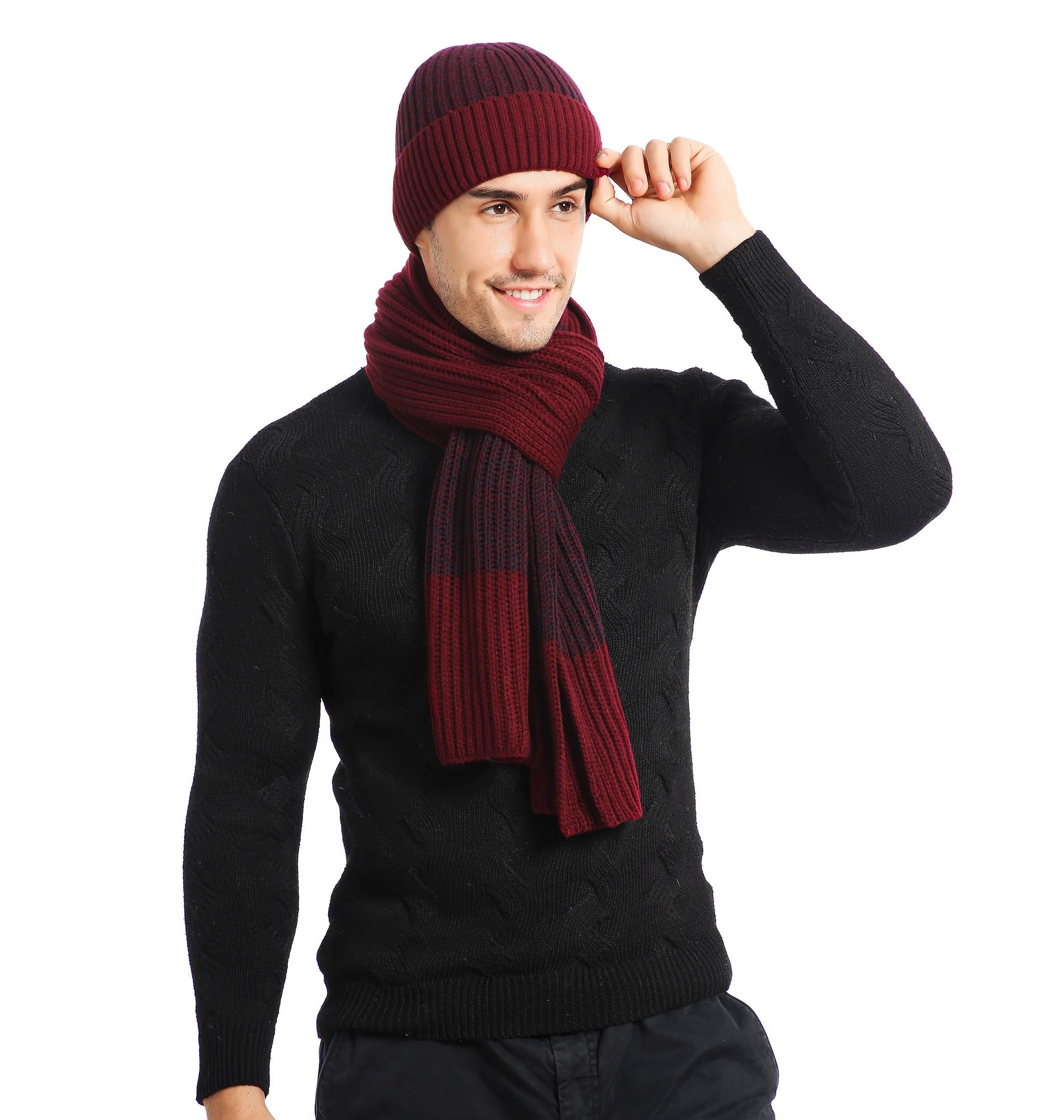 Męska czapka szalik i rękawiczki zestaw zimowa ciepła dzianinowa czapka beanie długi szalik ocieplacz na szyję rękawiczki z ekranem dotykowym zestaw upominkowy