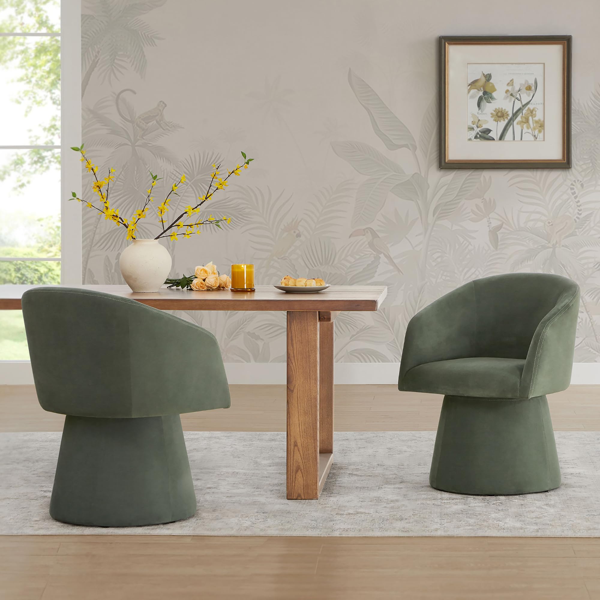 Swivel Dining Chairs Set of 2, Upholstered Mid Century Modern Deskchair with Barrel Back, Linen Fabric Kitchen Chairs for Dining Room, Bedroom, Dressing Room, Green
