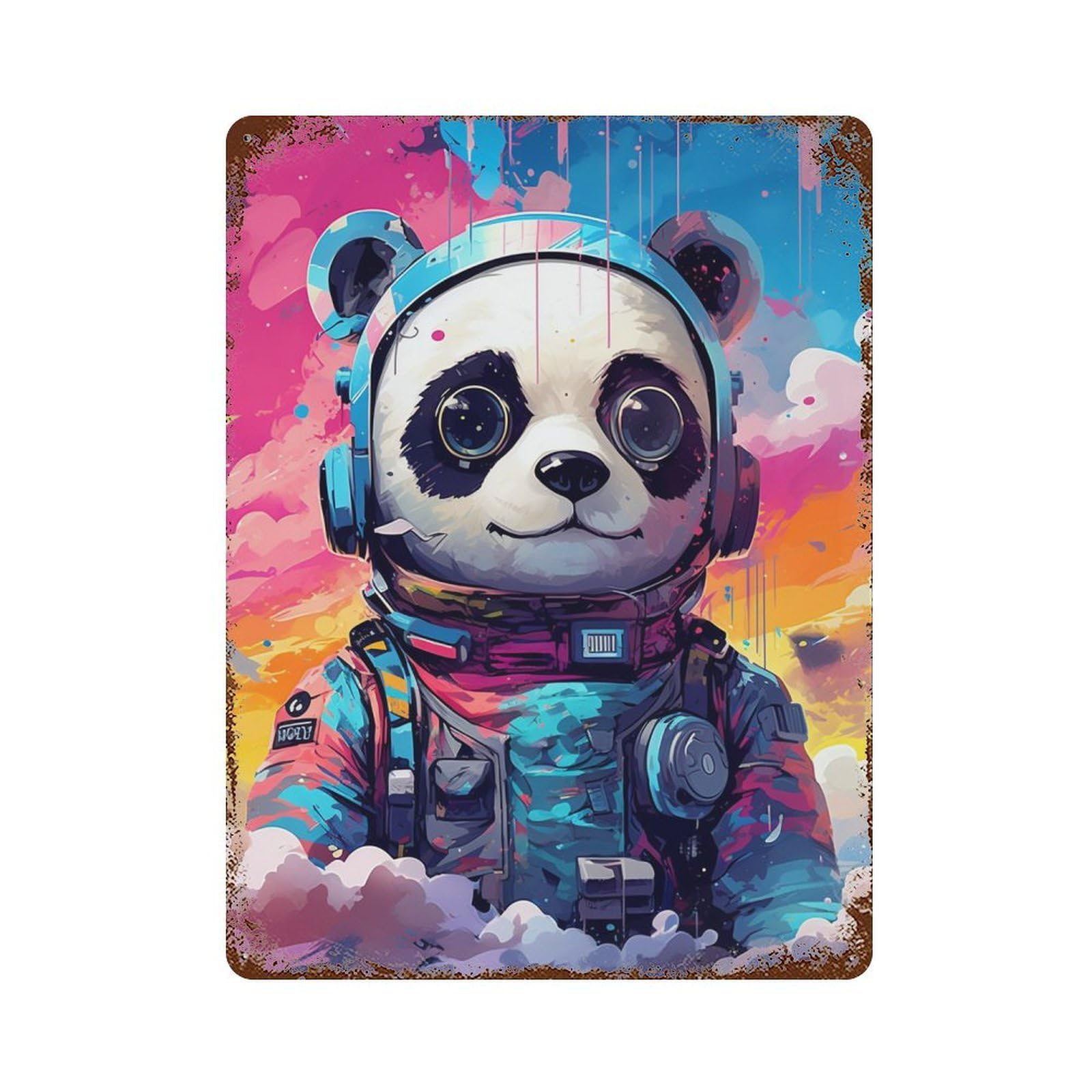 Panda Astronaut Space Art Print-3 15.7"x11.8" Aged Metal Wall Plaque, Vintage Wall Decor for Basement, Hobby Room And Garage Decor