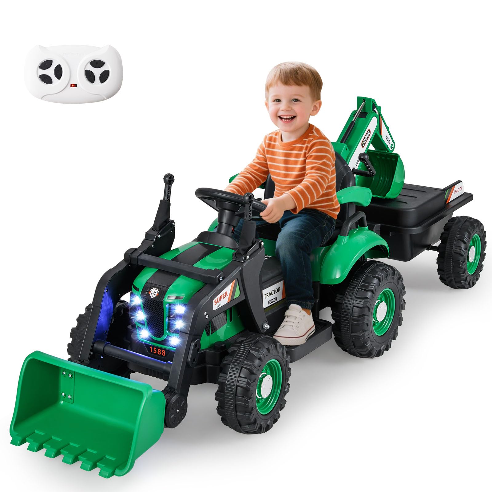 COSTWAY Elektro Traktor mit Anhänger & Schaufel, 12V Aufsitztraktor mit Fernbedienung, Sitzbagger mit LED Lichtern & Musik, Kinderbagger Elektrisch, Elektrotraktor für Kinder ab 3 Jahren (Grün)