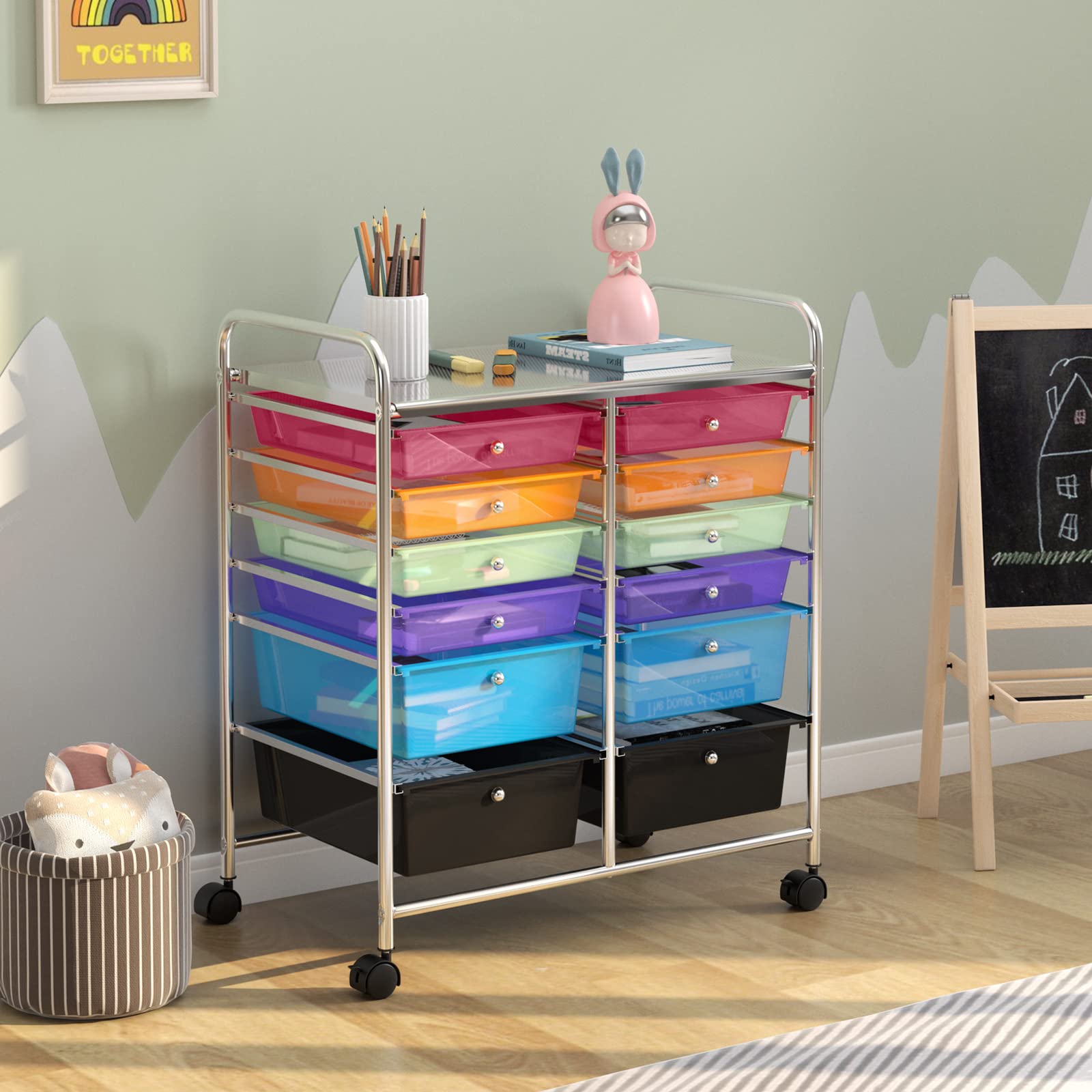 Giantex Chariot de Rangement à roulettes 12 Tiroirs Amovibles, Tour de Rangement Mobile Utilitaire à Plateau & Poignées, Desserte à roulettes pour Salon Bureau Chambre, 64x38x75CM (Multi-Transparent)