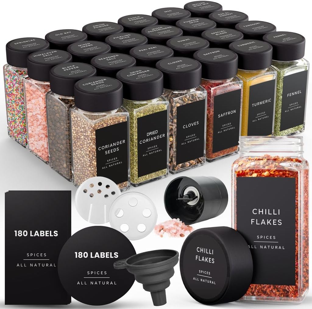 Glass Spice Jars with 360 Labels -24 pcs- 4oz- Spice Containers black Bamboo Lids -Shaker Lids- Pepper Grinder-Spice Organization for Cabinet-Drawer-Rack-Seasoning Organizer-Square bottles