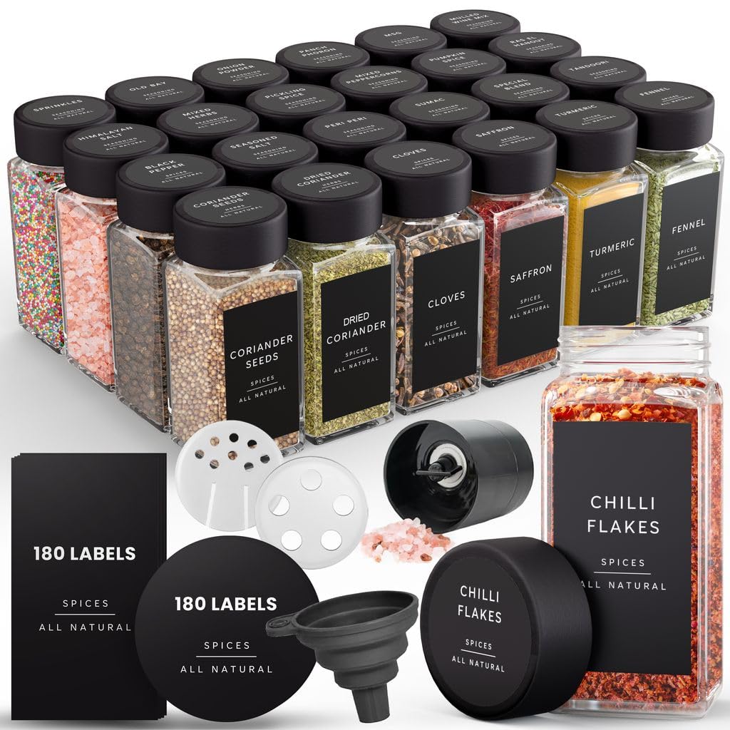 Livabl Black Bamboo Spice Jars With Lids (120Ml 24 Pack) & Labels Glass Storage Jars With Bamboo Lids, 360 Minimalist Waterproof Spice Jar Labels- Airtight Kitchen Containers (Black)