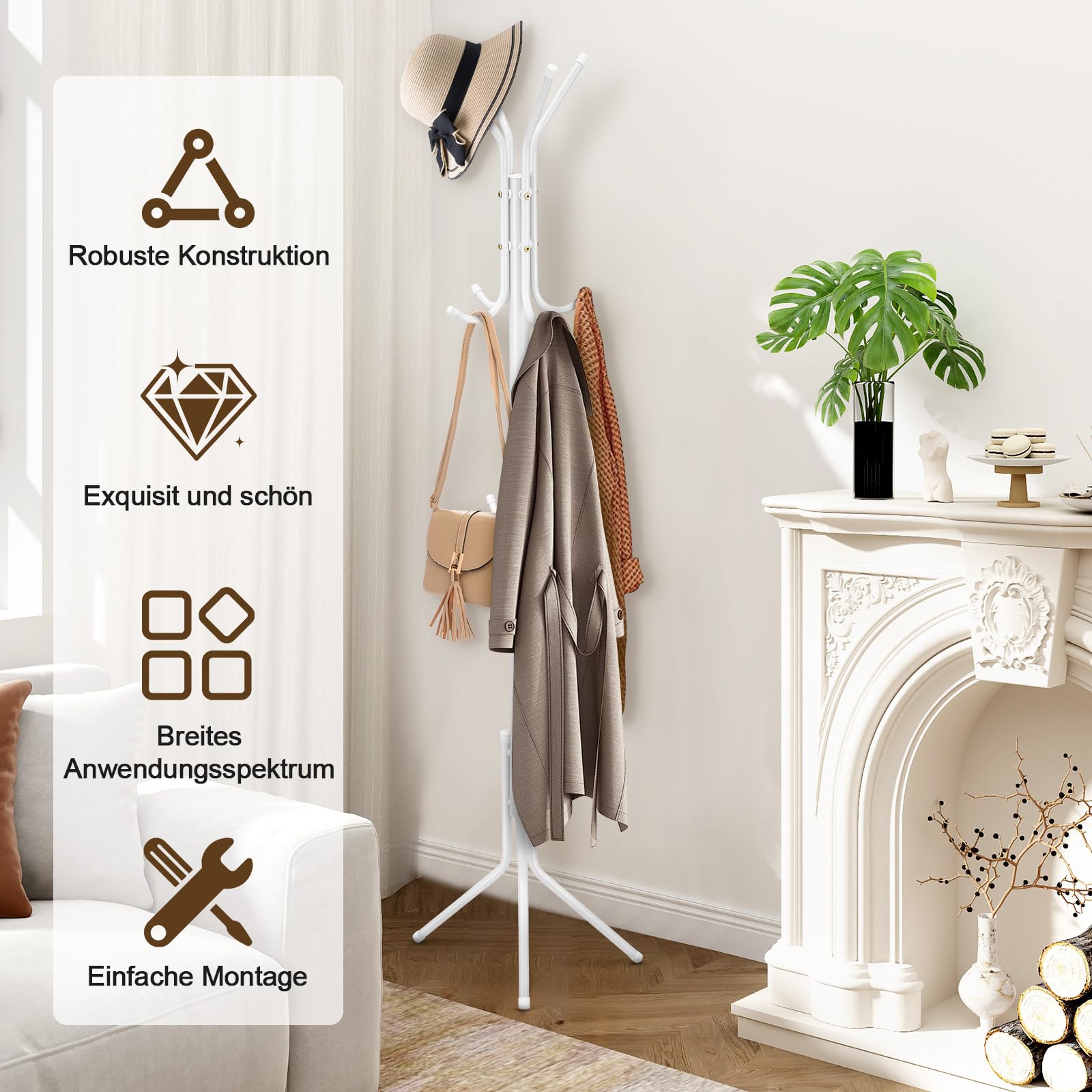 Youyijia Loft Garderobenständer Free-Standing Coat Stand Aus Metall Moderner Jackenständer in Baumform für Flur Schlafzimmer Büro 12 Haken 175 cm Hoch Stabil Matt Weiß