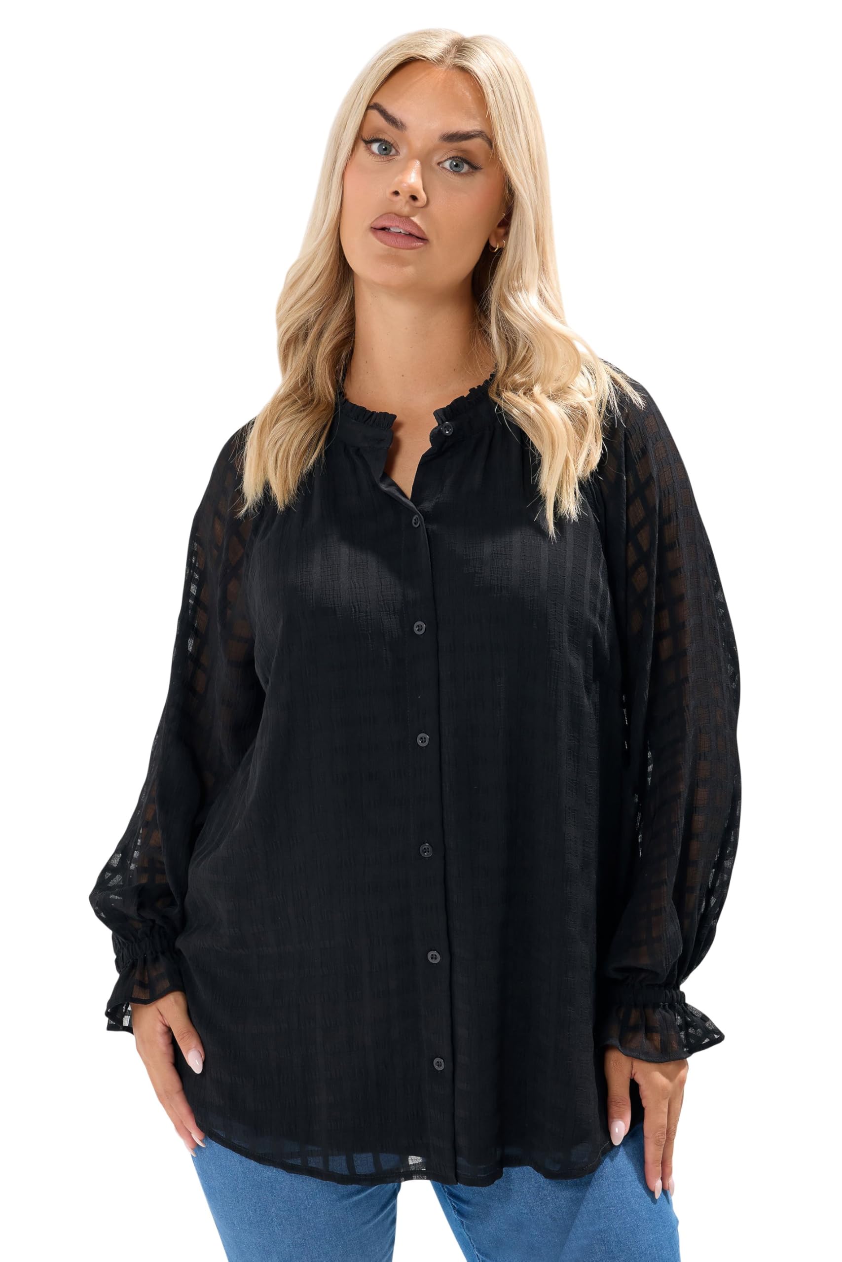 Yours Curve Textured Frill Neck Blouse - Women's - Plus Size Curve Black