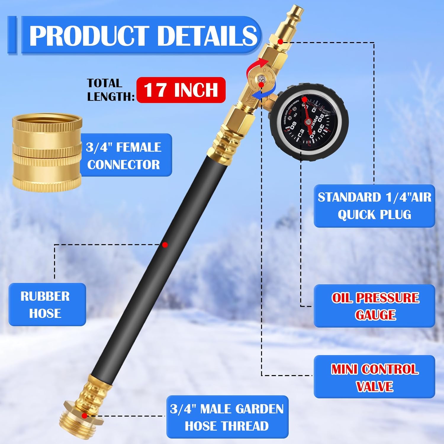 Boltigen Upgraded RV Winterizing Kit, 17'' RV Winterizing Hose with Oil Pressure Gauge & Control Valve, Air Compressor Sprinkler Blowout Adapter Kit, for RV, Camper, Boat, Travel Trailer, Garden Hose