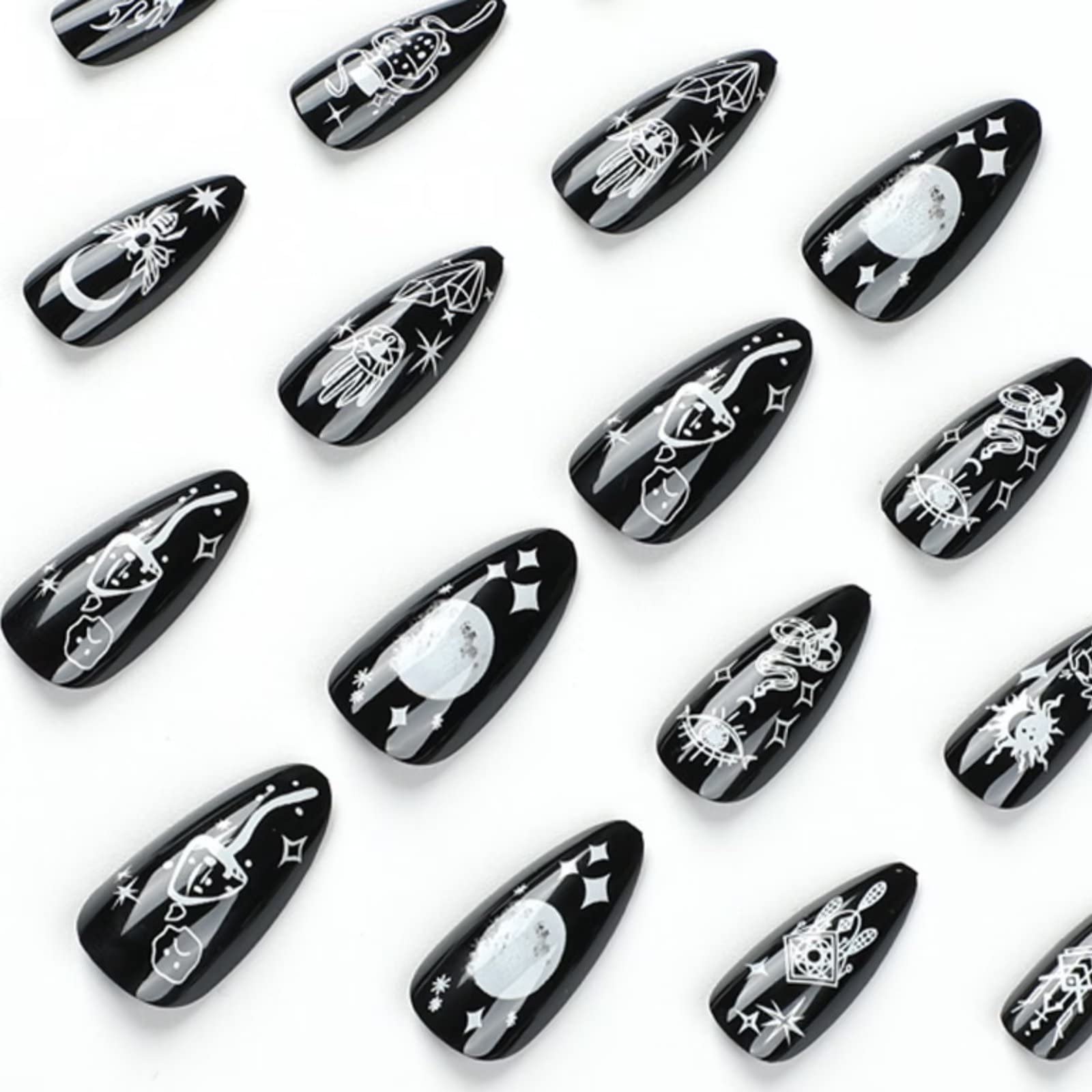 RUNRAYAY 24Pcs Press on Nails Almond, Black Punk Snake Fake Nails Coffin, False Nails for Women and Girls - Image 3