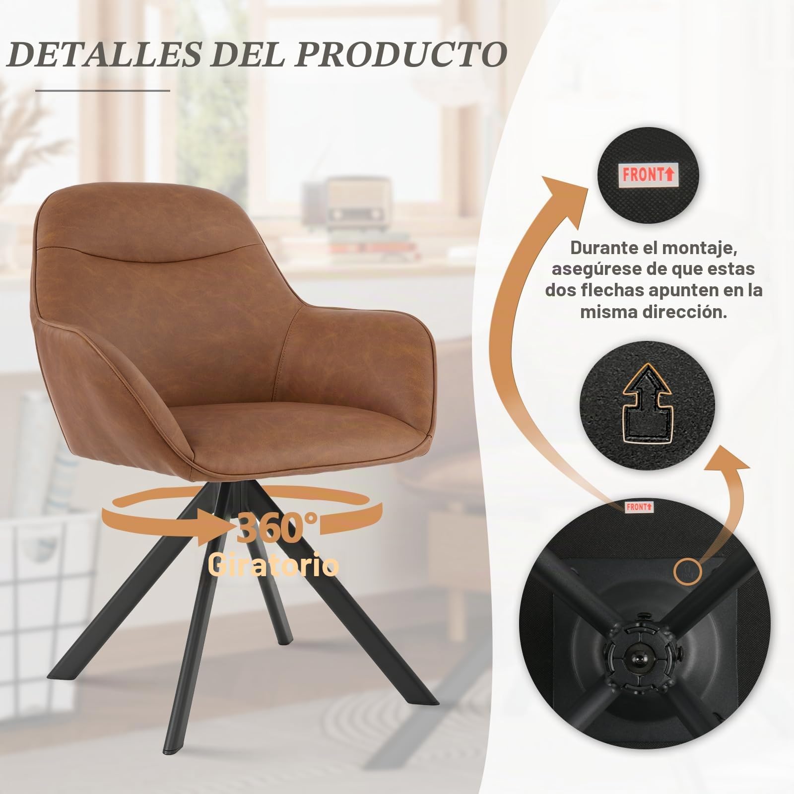 Pack de 2 Sillas de Comedor Giratorias con reposabrazos, Silla Giratoria 360°, Silla en Piel sintética, Silla de Oficina o Cocina, Marrón