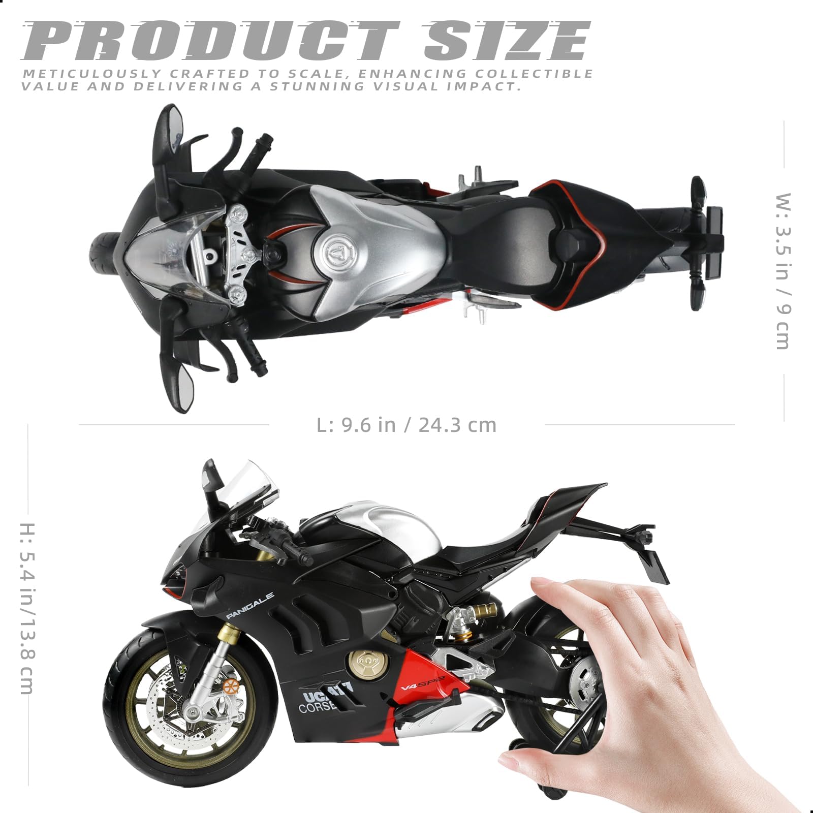 Risopen Odlew motocyklowy model 1:9, kompatybilny z Ducati Panigale V4 SP2, zabawka motocyklowa, zabawka motocyklowa 1:9, kolekcja prezentów dla dzieci i dorosłych (czarny)