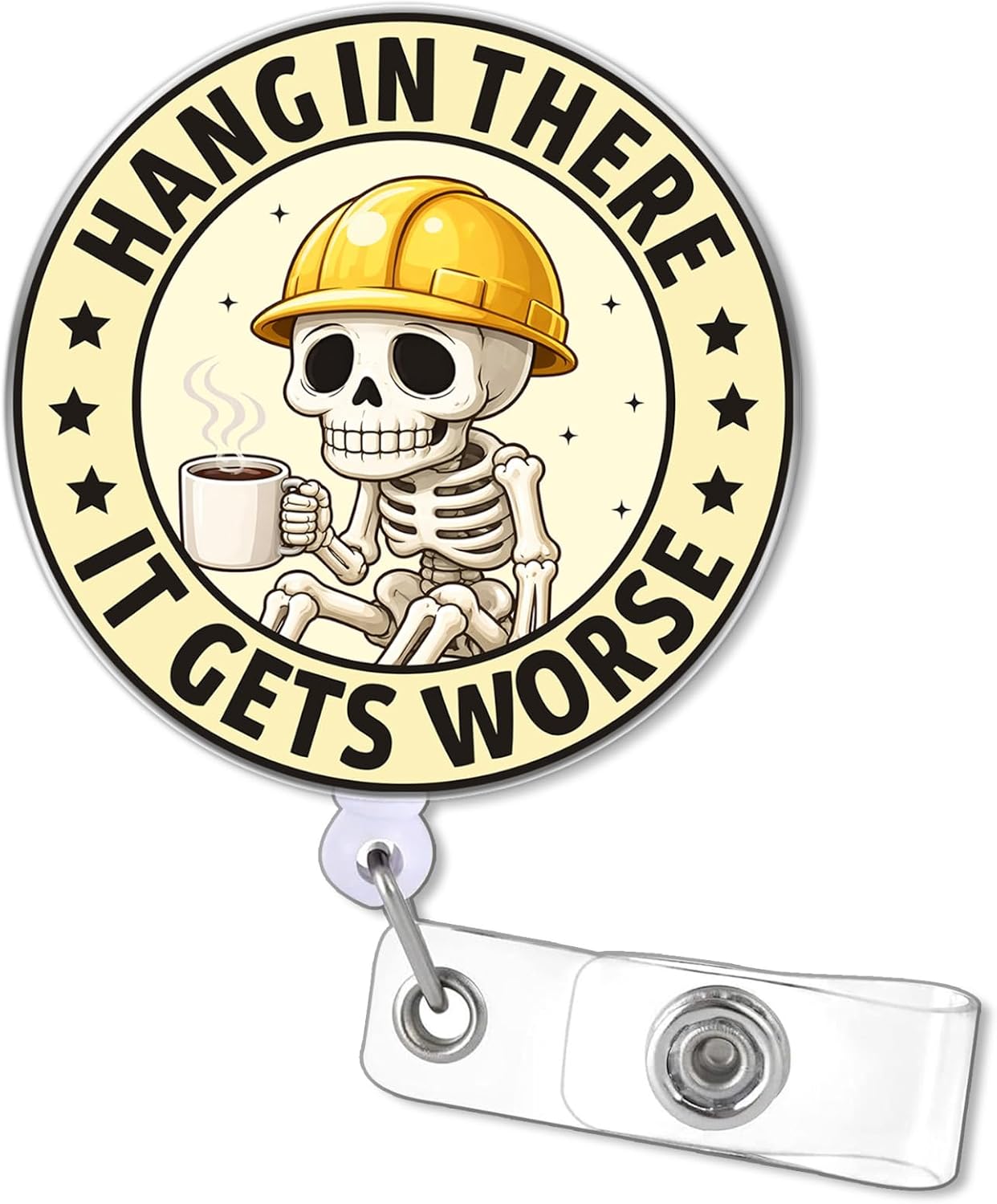 Hang in There It Gets Worse 2 Inches Alligator Clip Retractable Badge Reels, Funny Skeleton Construction Worker Acrylic ID Badge Holder, Accessories DIY Gifts for Boy Girl Co-Workers Friend