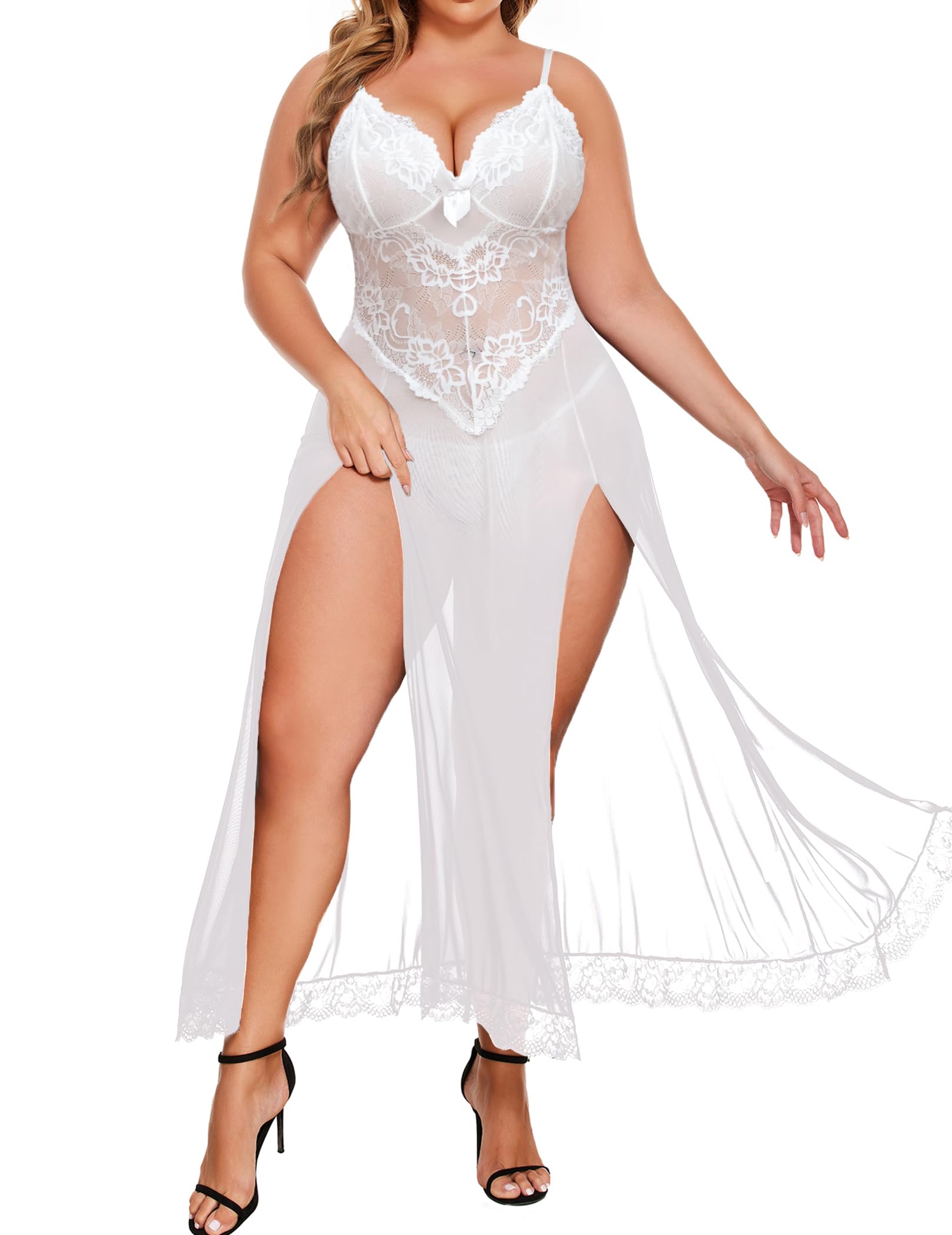 Alrovetoney Plus Size Lingerie For Women Babydoll Sexy Mesh Maxi Nightdress Exotic Sleepwear Side Slits