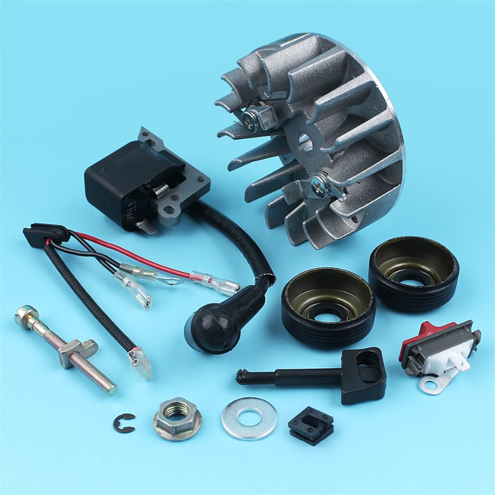 Flywheel Kill Switch Bobina de Encendido Tensor de Cadena Sellos de Aceite Aptos for Husqvarna 137 137E 142 142E Motosierra con Tuercas Palanca de estrangulación