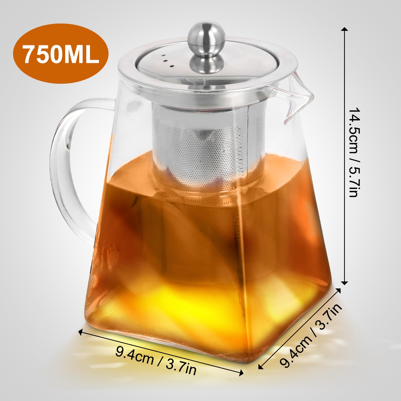 Glas Teekanne, 950ml Quadratische Glas-Teekannen mit Teesieb, Borosilikatglas Teekanne, für Tee, Kaffee, losen Tee, Teebeutel, Kräutertee, Herdsicherer Teebereiter (950, Milliliter)