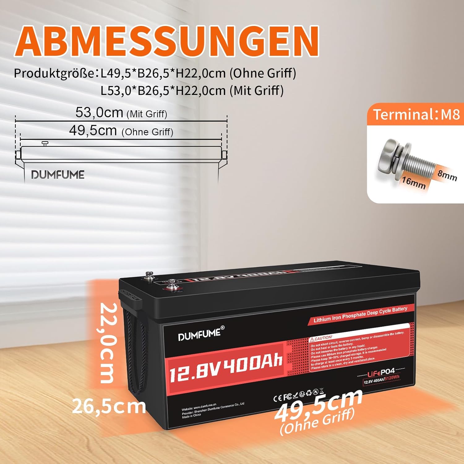 Diagram showing the dimensions of the Dumfume 12.8V 400Ah battery in centimeters, including length, width, and height, and details of the M8 terminal.