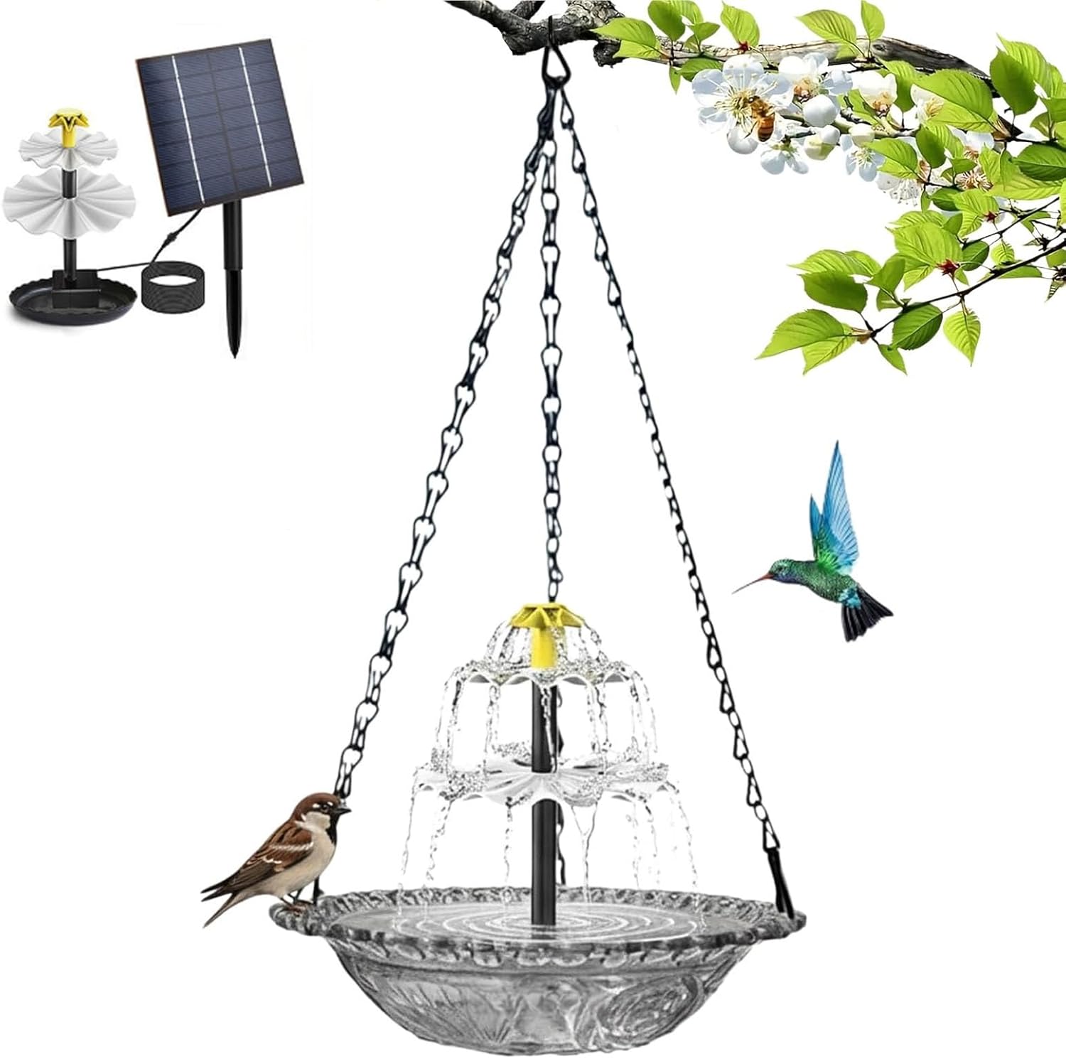 Hanging Bird Bath with Solar Fountain, Solar Cascade Hanging Bird Bath Fountain, Birdbath Bubbler with Solars Pump & Glass Bowl, Hummingbird Water Fountain, for Outdoors, Garden, Patio Decor (Pink)