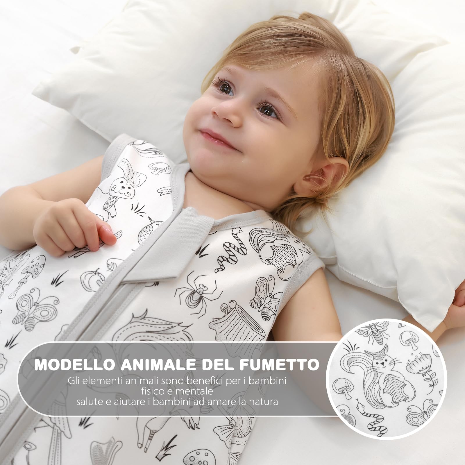 Mosebears Sacco nanna estivo per bambini, 0,5 Tog, 100% cotone, traspirante, (Confezione da 2 pezzi grigio, M (6-12 mesi)