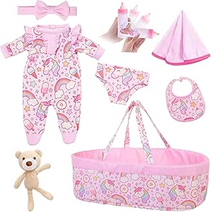 ZITA ELEMENT 8 Pcs Baby Doll Clothes with Bassinet for 16-18 inch Baby Doll Including Doll Nursing Bottle Bib Headband with Unicorn Pattern