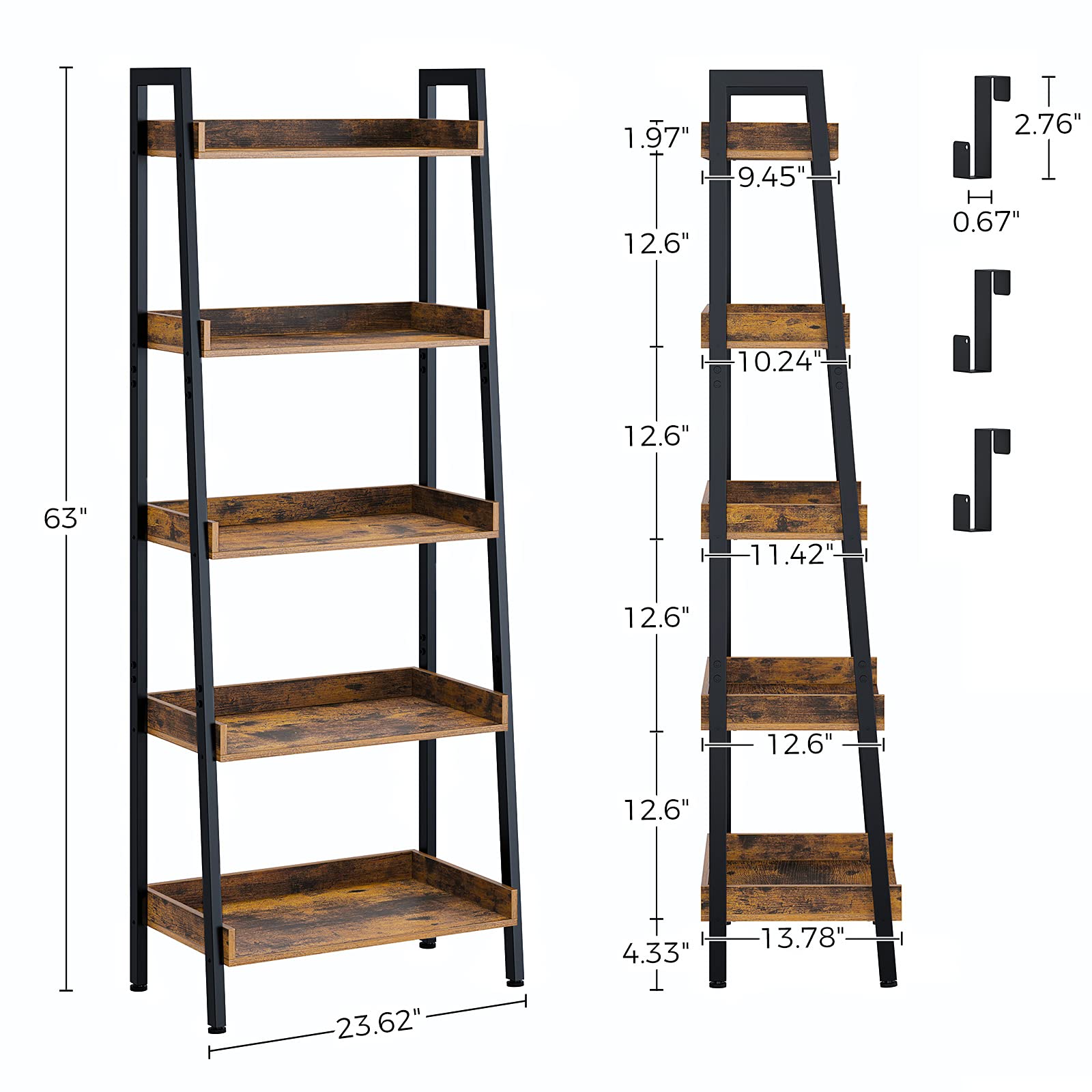 Rolanstar Ladder Bookshelf with 3 Hooks, 5 Tier Ladder Shelf, Industrial Bookcases, Freestanding Display Plant Shelves with Metal Frame for Living Room, Small Space, Rustic Brown