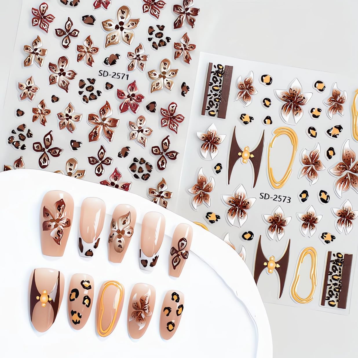Flower Nail Art Stickers 5D Embossed Leopard Print Nail Decals French Tips Nail Stickers for Nail Art Lily Floral Self Adhesive Relief Design Colorful Nail Sticker for Women DIY Salon Manicure 6Sheets