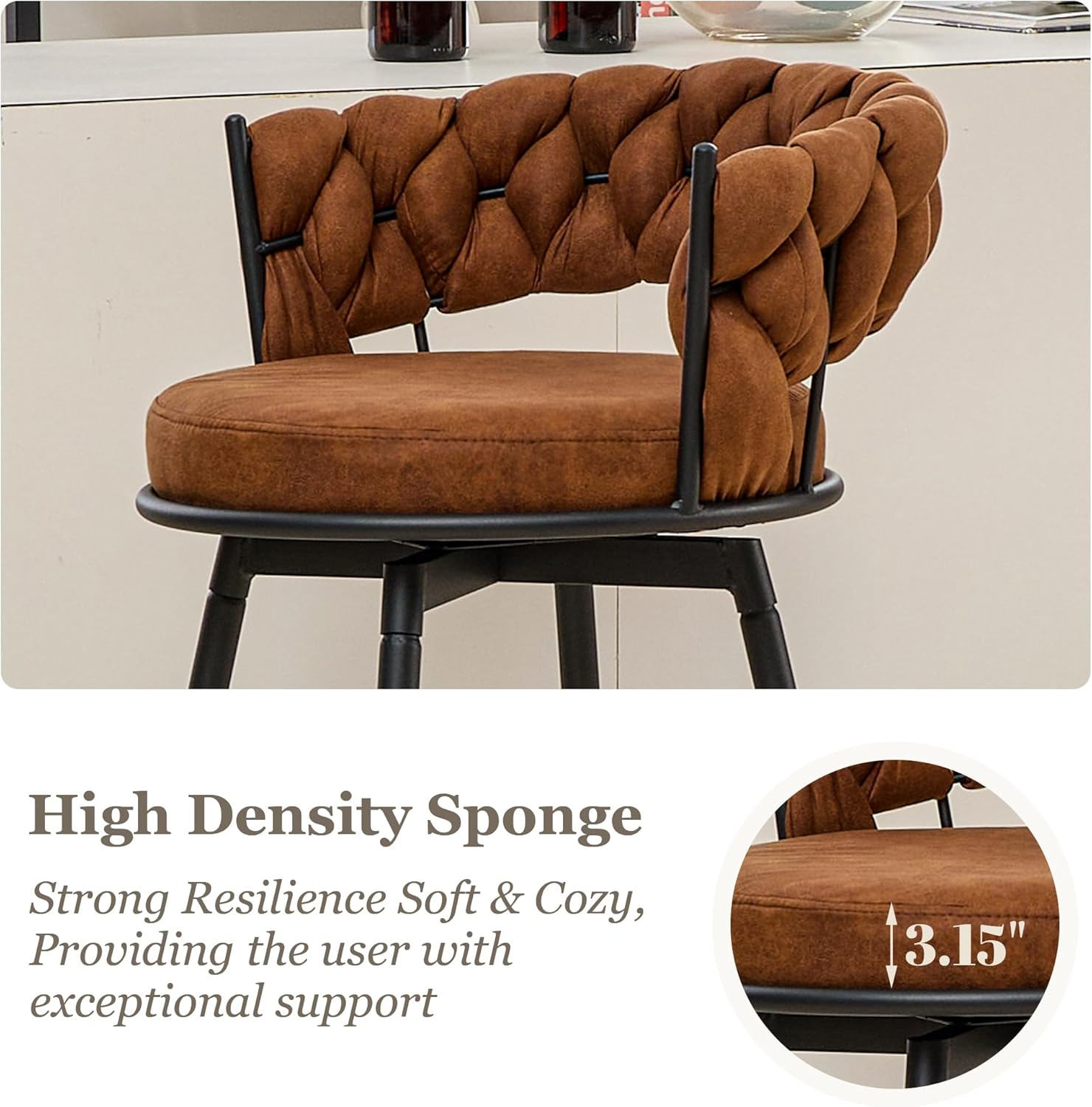 Bar Stools Set of 3, 28 Inch Barstool with Metal Legs, 360° Swivel Counter Height Bar Stools with Woven Back, Upholstered Suede, Modern Chair for Kitchen Island, Cafe