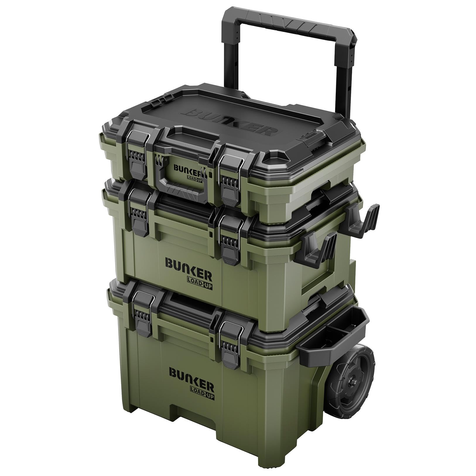 BUNKER Load-Up 9 Piece Rolling Tool Box System - Modular Storage Set | 3-tier stackable toolbox set with organisers, accessories, IP65 protection, heavy-duty build and all-terrain wheels.