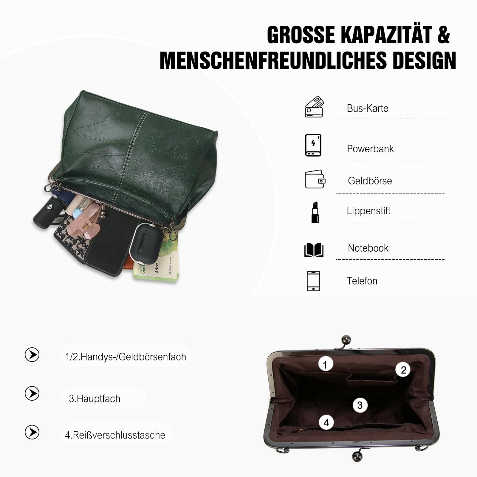 FANDARE Handtaschen Damen Schultertasche Wasserdicht Umhängetasche Handy Bag Frauen PU Leder Schultertasche Crossbody Messenger Bag Shopper Reisen Arbeitstasche Grün
