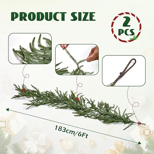 Miniatura 3 de 2 guirnaldas de pino Norfolk de 6 pies, guirnalda artificial de cedro de pino de tacto real, guirnalda navideña festiva para decoración navideña en