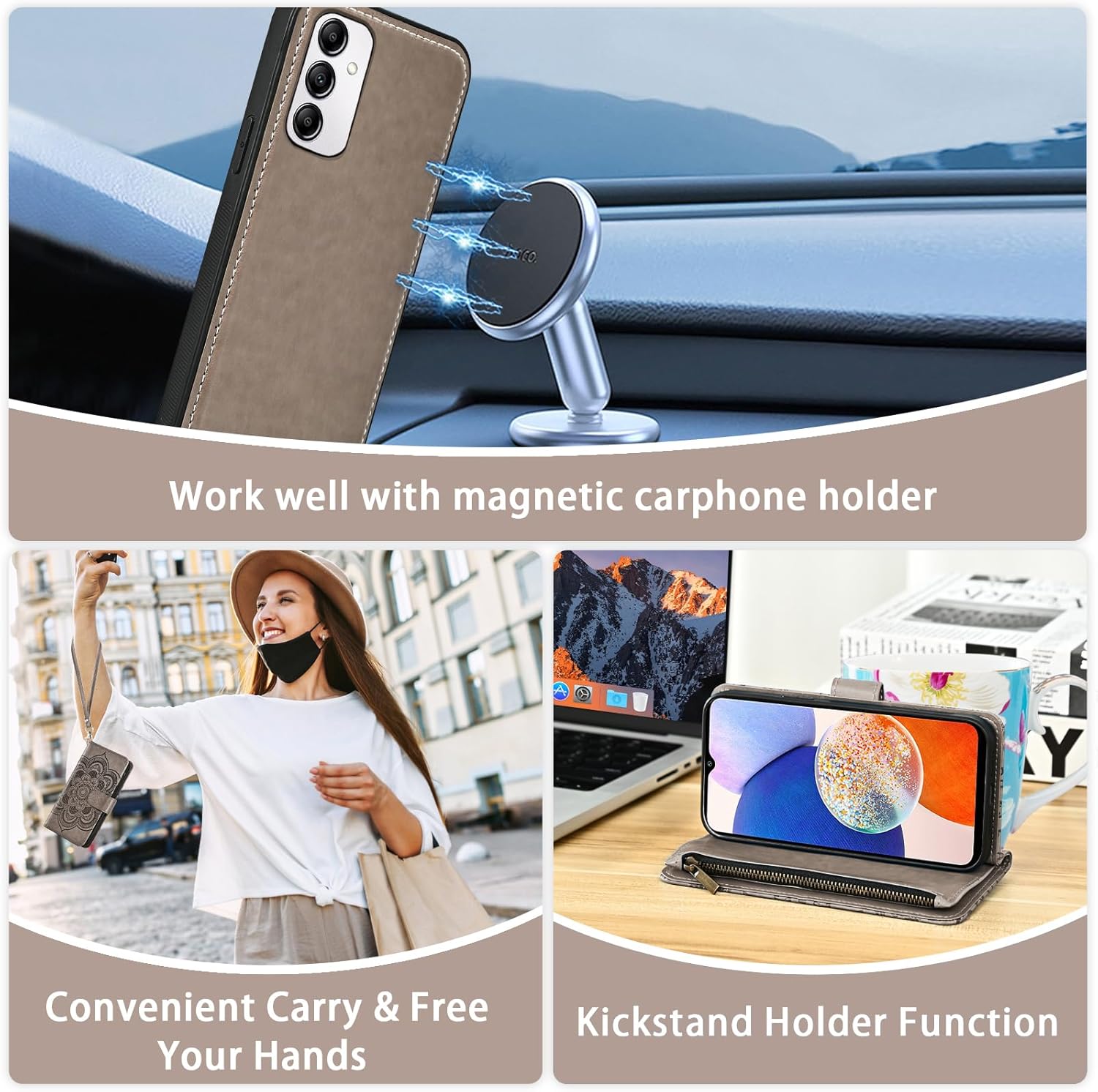 Asuwish Phone Case for Samsung Galaxy A14/M14 5G Zipper Wallet Detachable Cell Cover with Tempered Glass Screen Protector Crossbody Strap Mandala Flower Card Holder A 14 4G 14A 14M G5 Women Girls Gray