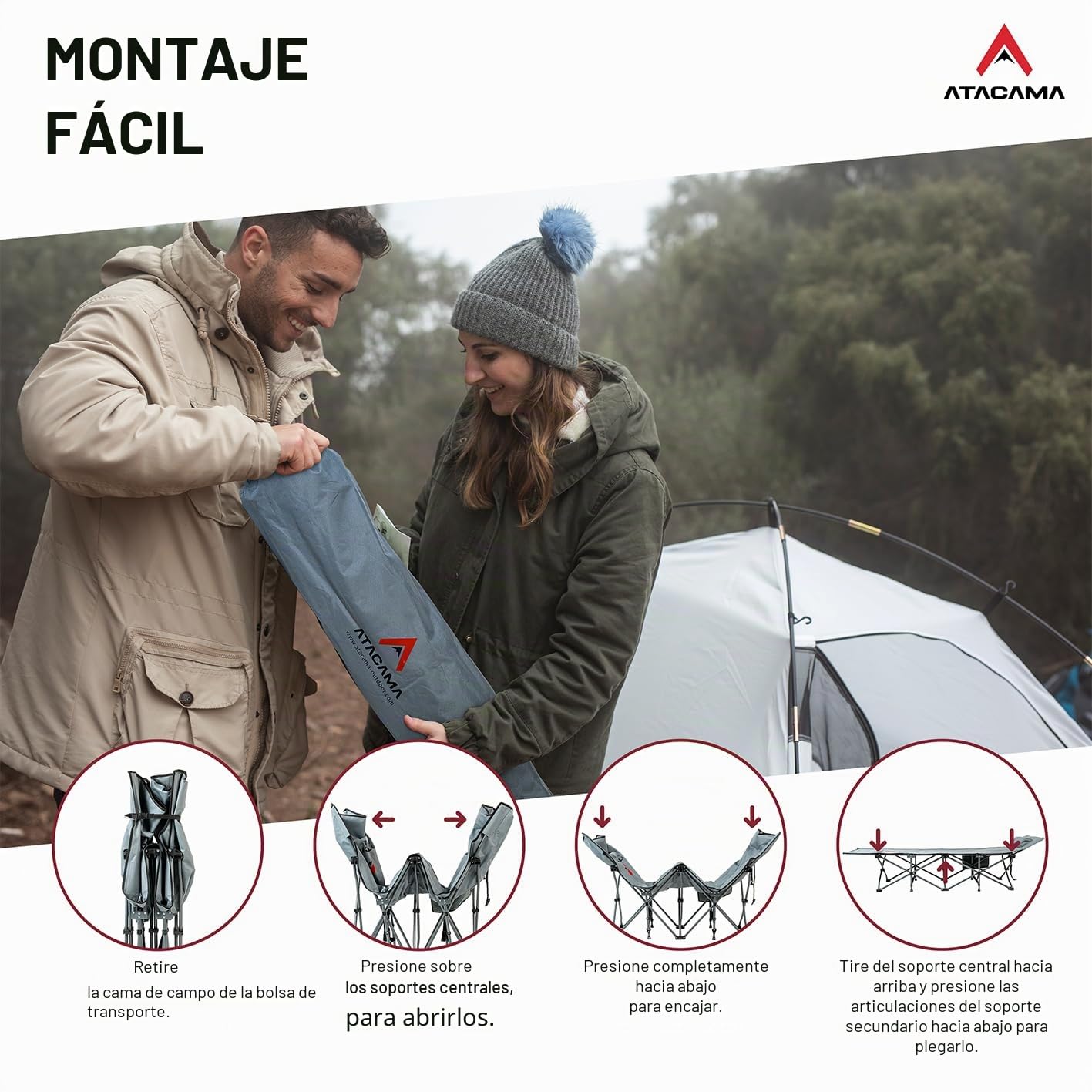 Atacama Cama Plegable Camping Cama Camping Ultraligera - catre Camping Plegable Ideal para Aventuras al Aire Libre y como Tumbona - Cama portátil XXL cómoda, camastro
