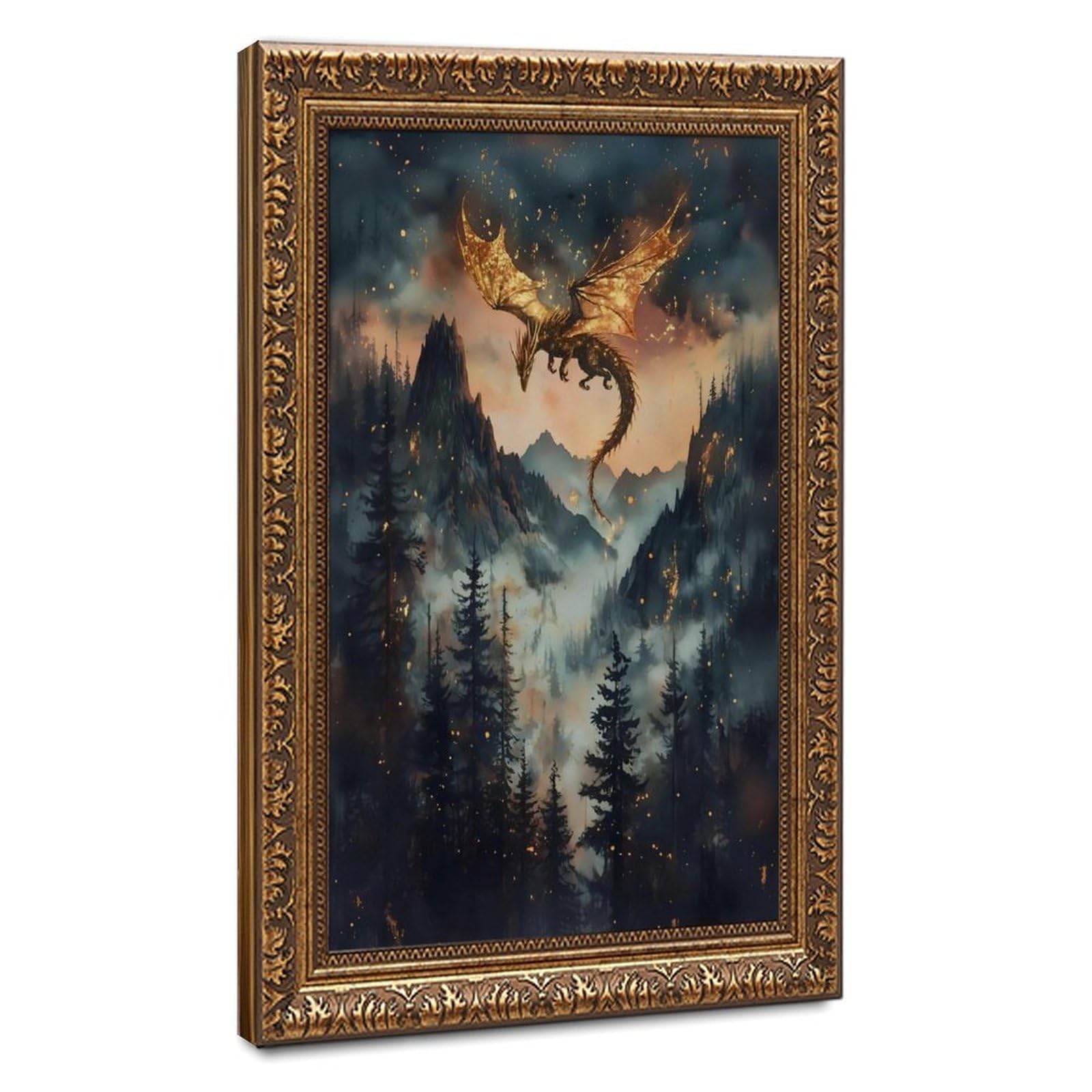 Bareronor Golden Dragon Fantasy Poster Canvas Poster Bedroom Decor Landscape Office Room Decor Gift 24" L X 36" W