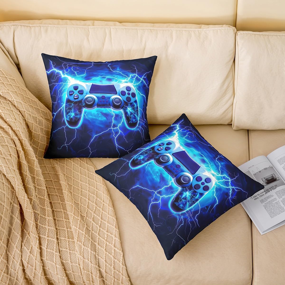 Manfei Game Kids Throw Pillow Cover,Vedio Gaming Lightnings Gamepad Double Sides Pillow Case,Console Action Buttons Modern Home Decor,Blue Bed Couch Sofa Cushion Cover,4 Pack 16"x16" image 4