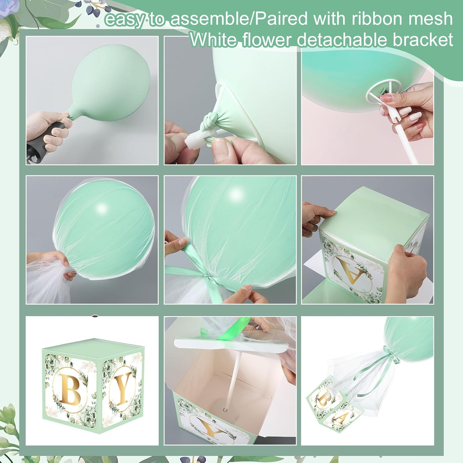 4 Set Sage Green Tulle Tutu Balloon with Letter Boxes Baby Shower Table Centerpieces Decor for Gender Reveal 24'' Balloons White Tulle Cover with Stand, Boxes for Girl Boy Wedding Birthday Party
