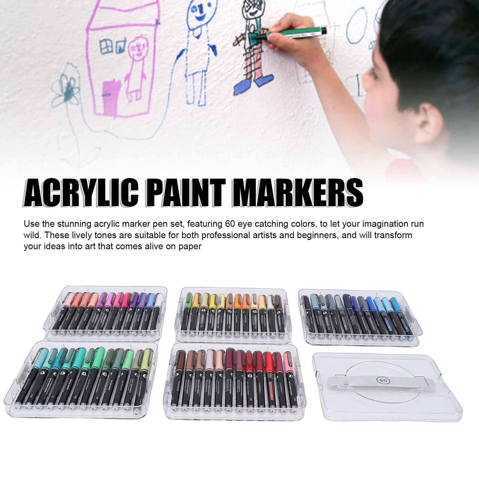 Cryfokt Pennarelli per Pittura Acrilica, 60 Pennarelli Permanenti per Acquerello a Punta Fine Resistenti all'acqua, per Stoffa con Scatola per Carta, Ceramica, Pietre, Vetro per Esterni