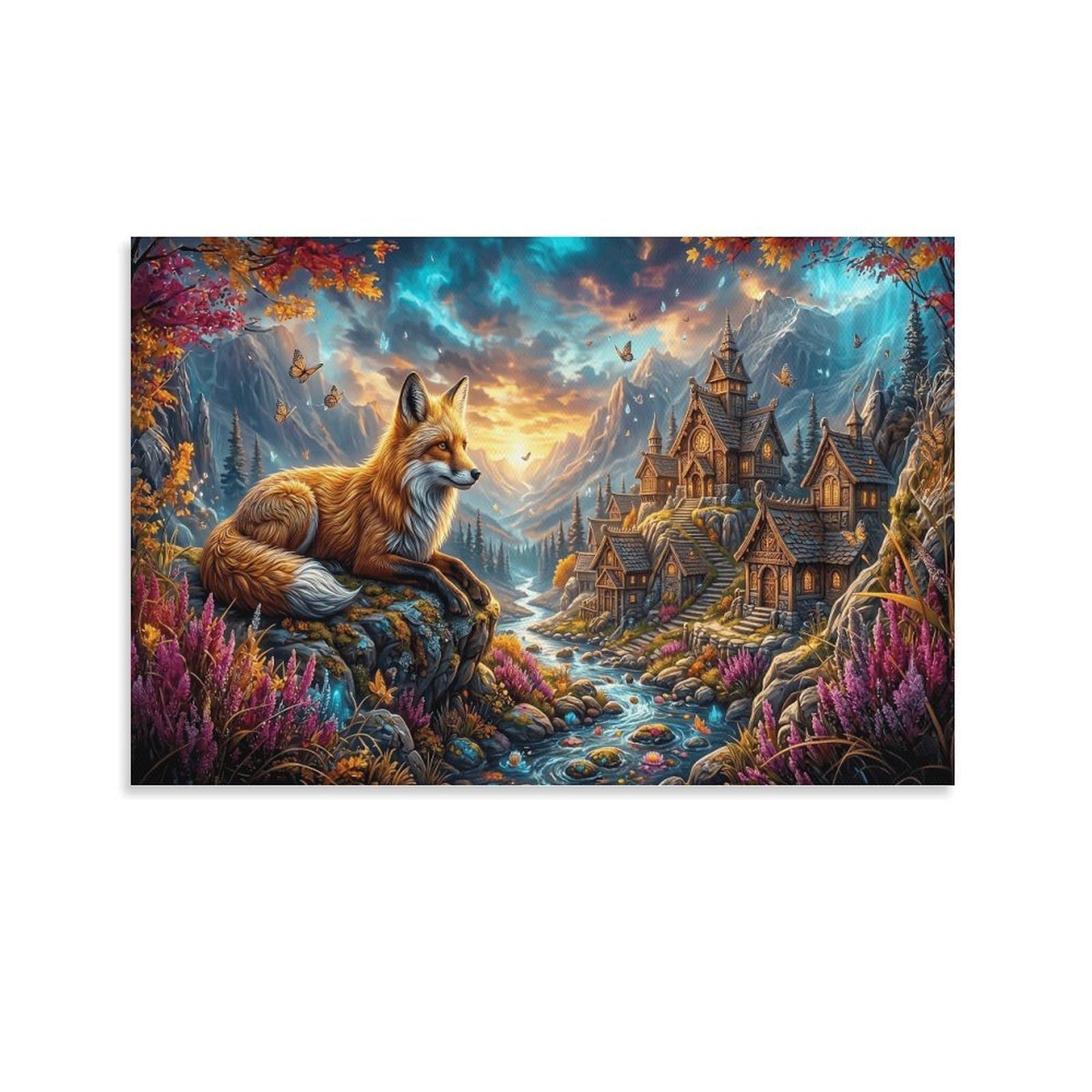 XPASHIQWC Red Fox Wall Decor Poster Aurora Valley Canvas Prints Picture Modern Wall Art Picture Wall Hanging for Bathroom Wall Decor 24x36inch(60x90cm)