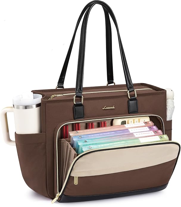 LOVEVOOK Laptop Bag for Women, Teacher Tote Bag with Large Cup Holder & Accordion File Area, Work Tote Bag for Business