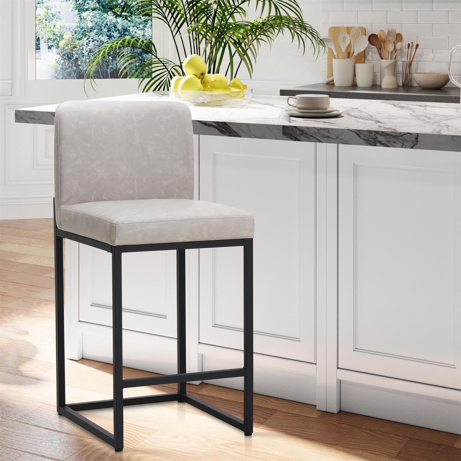 Sophia & William Light Grey Bar Stool, Counter Height 24" Bar Stools with Backs, Modern PU Leather Kitchen Island Bar Chairs,1 Pack