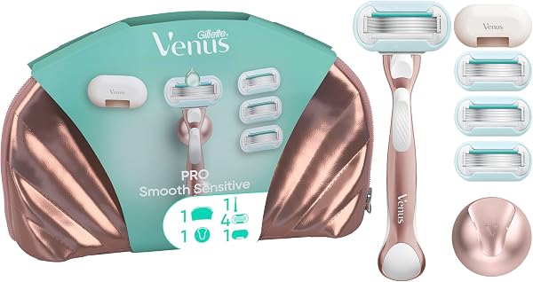 Gillette Venus Rasoir Femme Pro Smooth Sensitive pour Peaux Sensibles, Coffret De Rasage avec 4 Recharges De Lames, Trousse De Toilette Et Support De Douche, Manche Métallique Réutilisable - 1